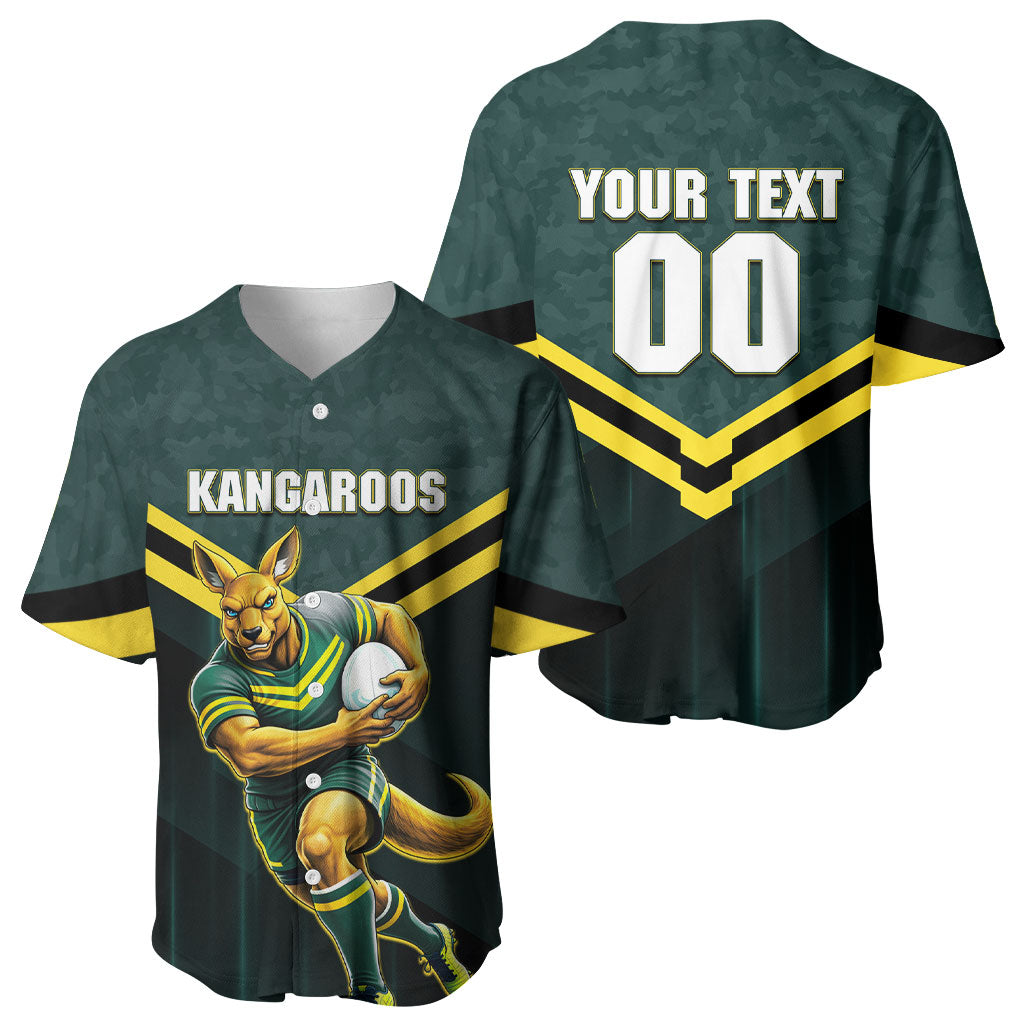 Personalised Kangaroos Rugby Baseball Jersey Australia Rugby Mascot Green Gold Sport