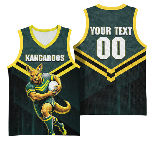 Personalised Kangaroos Rugby Basketball Jersey Australia Rugby Mascot Green Gold Sport