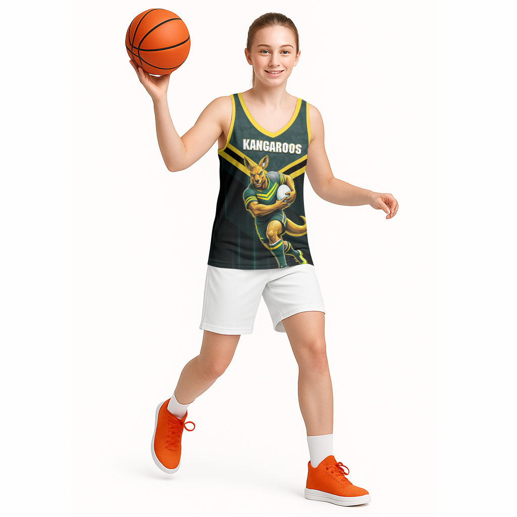 Personalised Kangaroos Rugby Basketball Jersey Australia Rugby Mascot Green Gold Sport