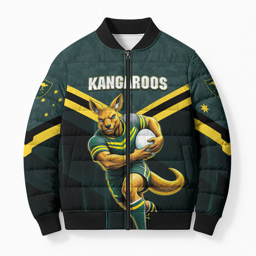 Personalised Kangaroos Rugby Bomber Puffer Jacket Australia Rugby Mascot Green Gold Sport