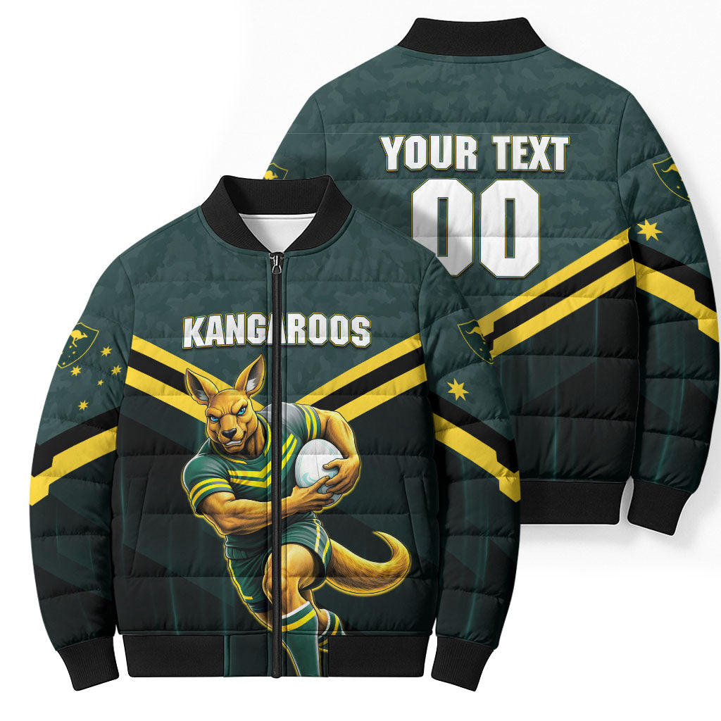 Personalised Kangaroos Rugby Bomber Puffer Jacket Australia Rugby Mascot Green Gold Sport