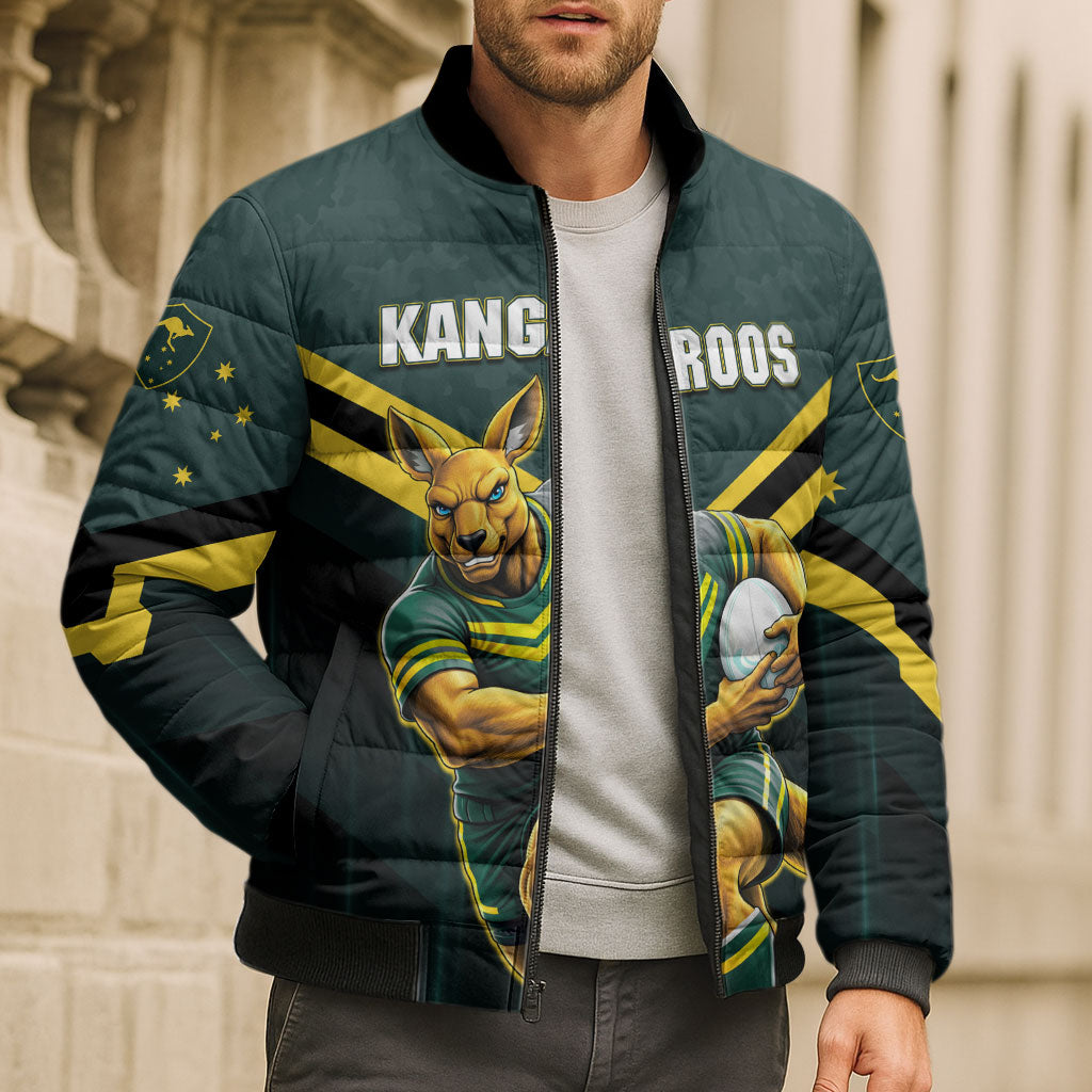Personalised Kangaroos Rugby Bomber Puffer Jacket Australia Rugby Mascot Green Gold Sport