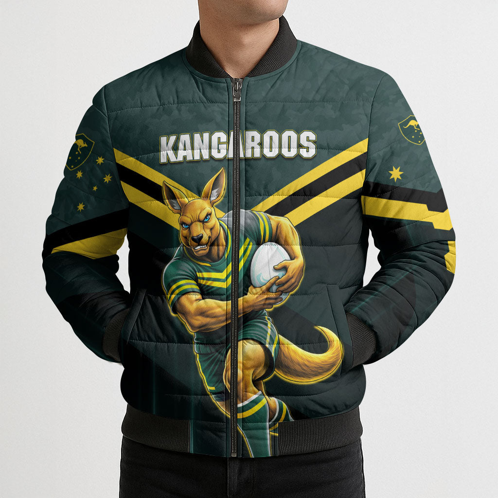 Personalised Kangaroos Rugby Bomber Puffer Jacket Australia Rugby Mascot Green Gold Sport