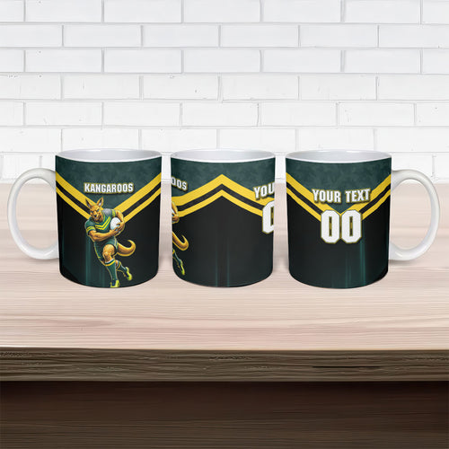 Personalised Kangaroos Rugby Ceramic Mug Australia Rugby Mascot Green Gold Sport