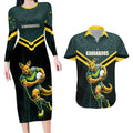 Personalised Kangaroos Rugby Couples Matching Long Sleeve Bodycon Dress and Hawaiian Shirt Australia Rugby Mascot Green Gold Sport