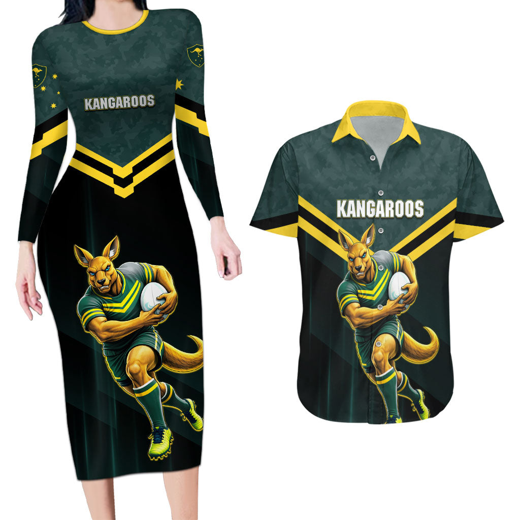 Personalised Kangaroos Rugby Couples Matching Long Sleeve Bodycon Dress and Hawaiian Shirt Australia Rugby Mascot Green Gold Sport