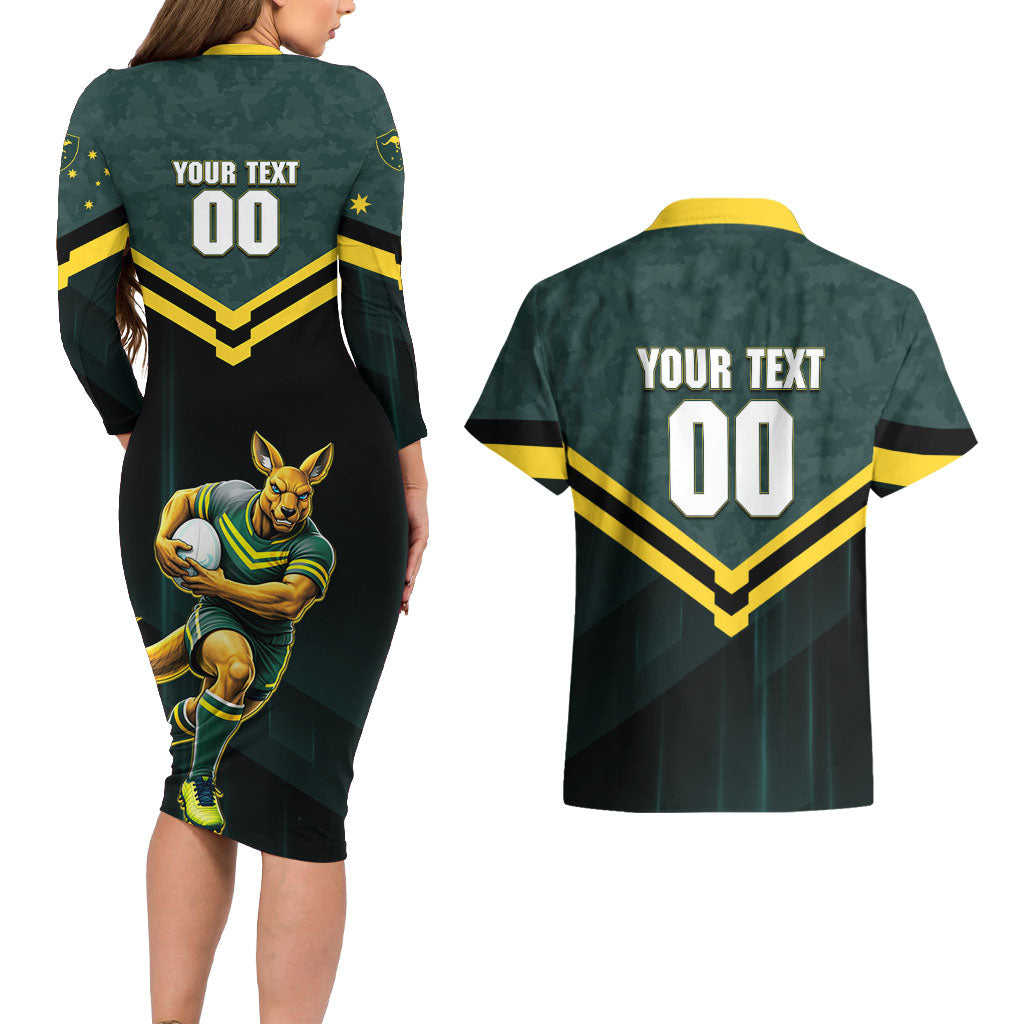 Personalised Kangaroos Rugby Couples Matching Long Sleeve Bodycon Dress and Hawaiian Shirt Australia Rugby Mascot Green Gold Sport