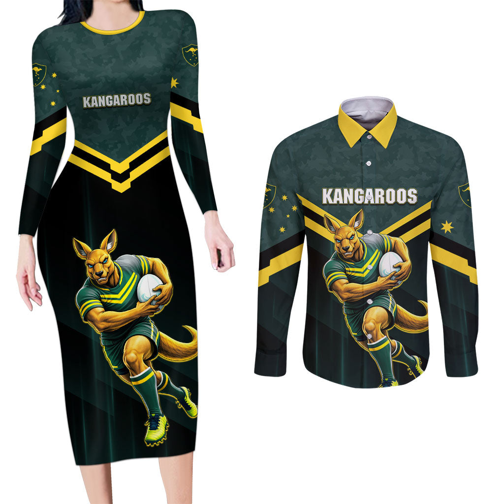 Personalised Kangaroos Rugby Couples Matching Long Sleeve Bodycon Dress and Long Sleeve Button Shirt Australia Rugby Mascot Green Gold Sport