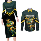 Personalised Kangaroos Rugby Couples Matching Long Sleeve Bodycon Dress and Long Sleeve Button Shirt Australia Rugby Mascot Green Gold Sport