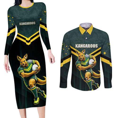 Personalised Kangaroos Rugby Couples Matching Long Sleeve Bodycon Dress and Long Sleeve Button Shirt Australia Rugby Mascot Green Gold Sport