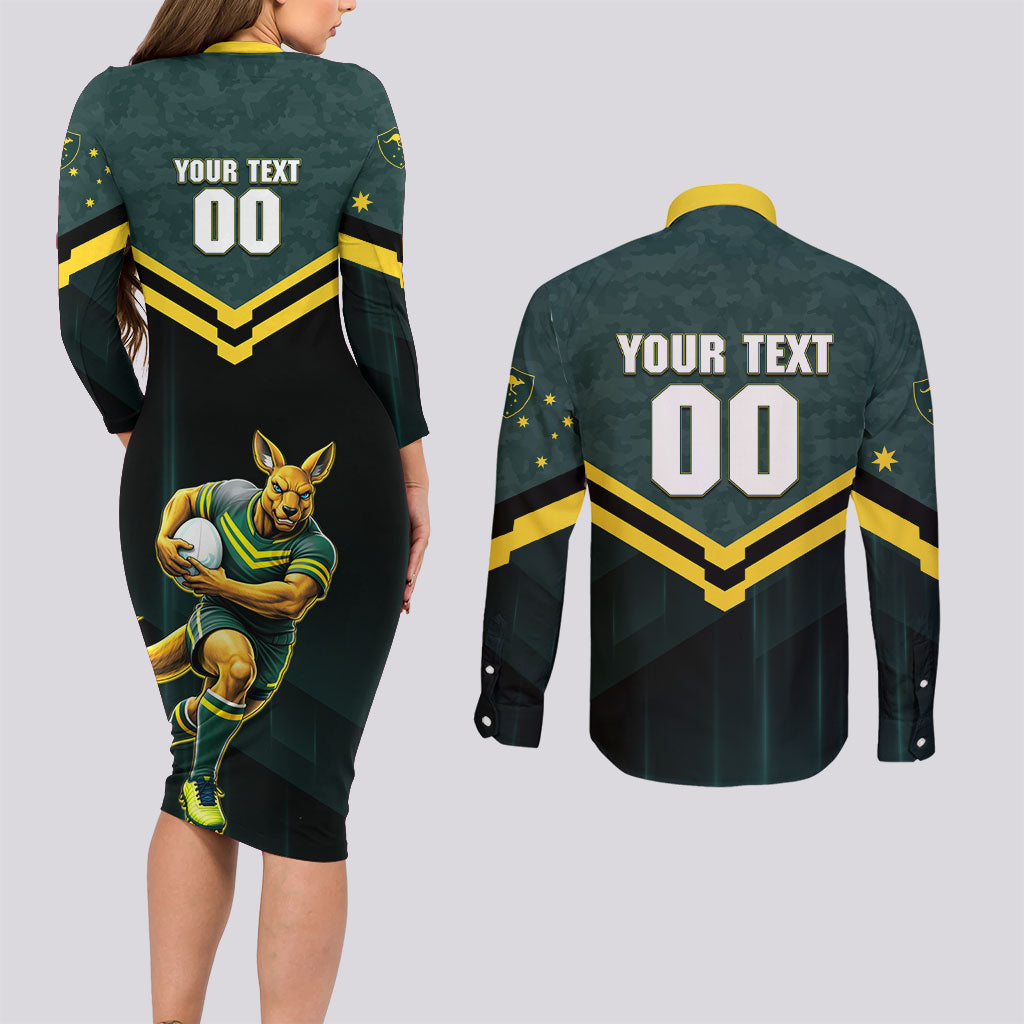 Personalised Kangaroos Rugby Couples Matching Long Sleeve Bodycon Dress and Long Sleeve Button Shirt Australia Rugby Mascot Green Gold Sport
