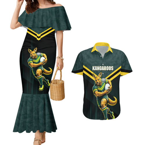 Personalised Kangaroos Rugby Couples Matching Mermaid Dress and Hawaiian Shirt Australia Rugby Mascot Green Gold Sport