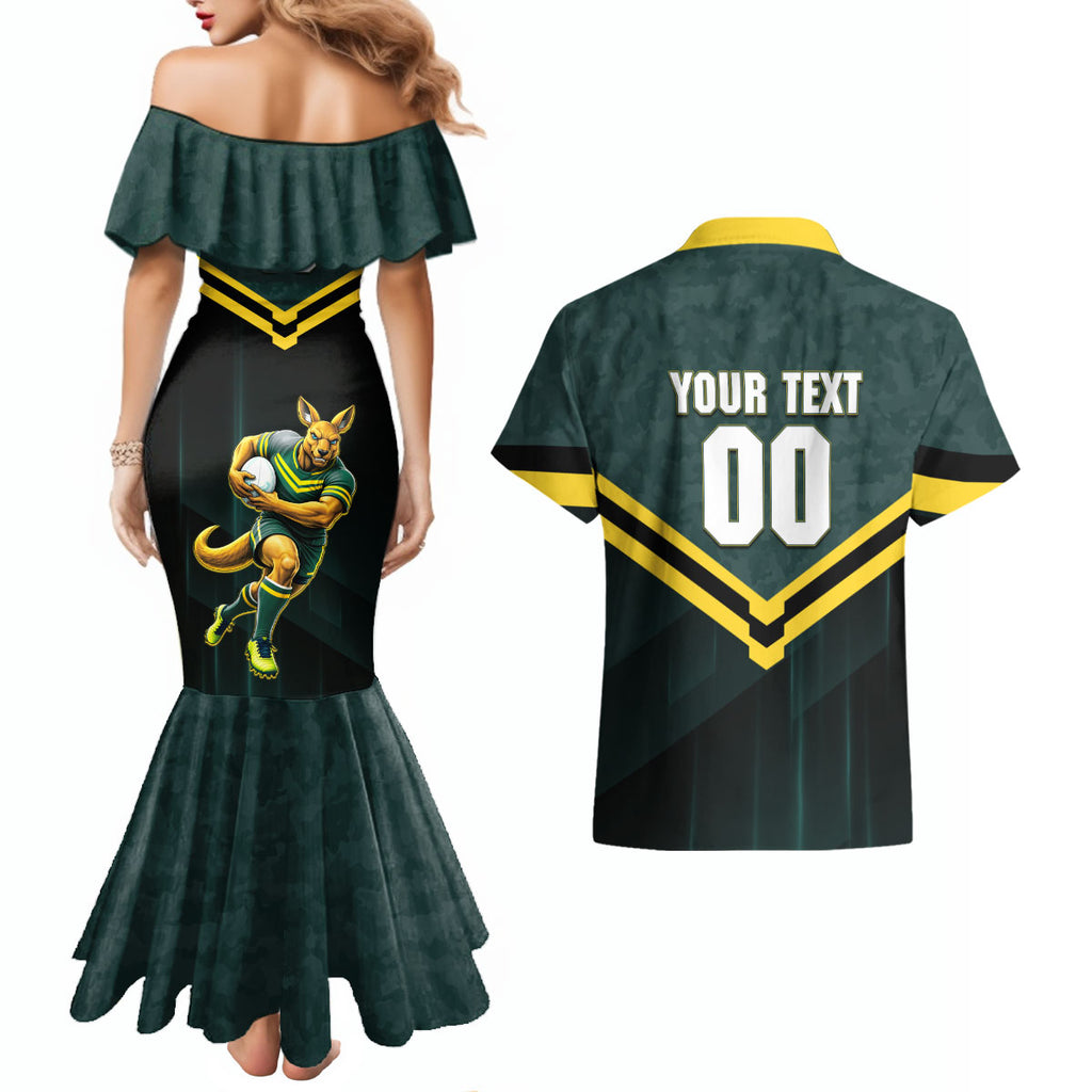 Personalised Kangaroos Rugby Couples Matching Mermaid Dress and Hawaiian Shirt Australia Rugby Mascot Green Gold Sport