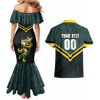 Personalised Kangaroos Rugby Couples Matching Mermaid Dress and Hawaiian Shirt Australia Rugby Mascot Green Gold Sport