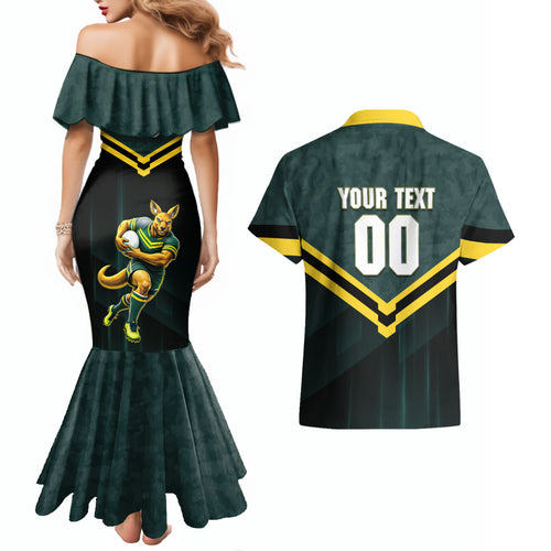 Personalised Kangaroos Rugby Couples Matching Mermaid Dress and Hawaiian Shirt Australia Rugby Mascot Green Gold Sport