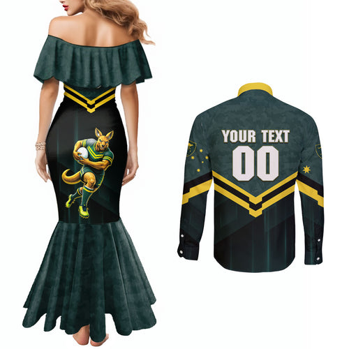 Personalised Kangaroos Rugby Couples Matching Mermaid Dress and Long Sleeve Button Shirt Australia Rugby Mascot Green Gold Sport