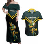 Personalised Kangaroos Rugby Couples Matching Off Shoulder Maxi Dress and Hawaiian Shirt Australia Rugby Mascot Green Gold Sport