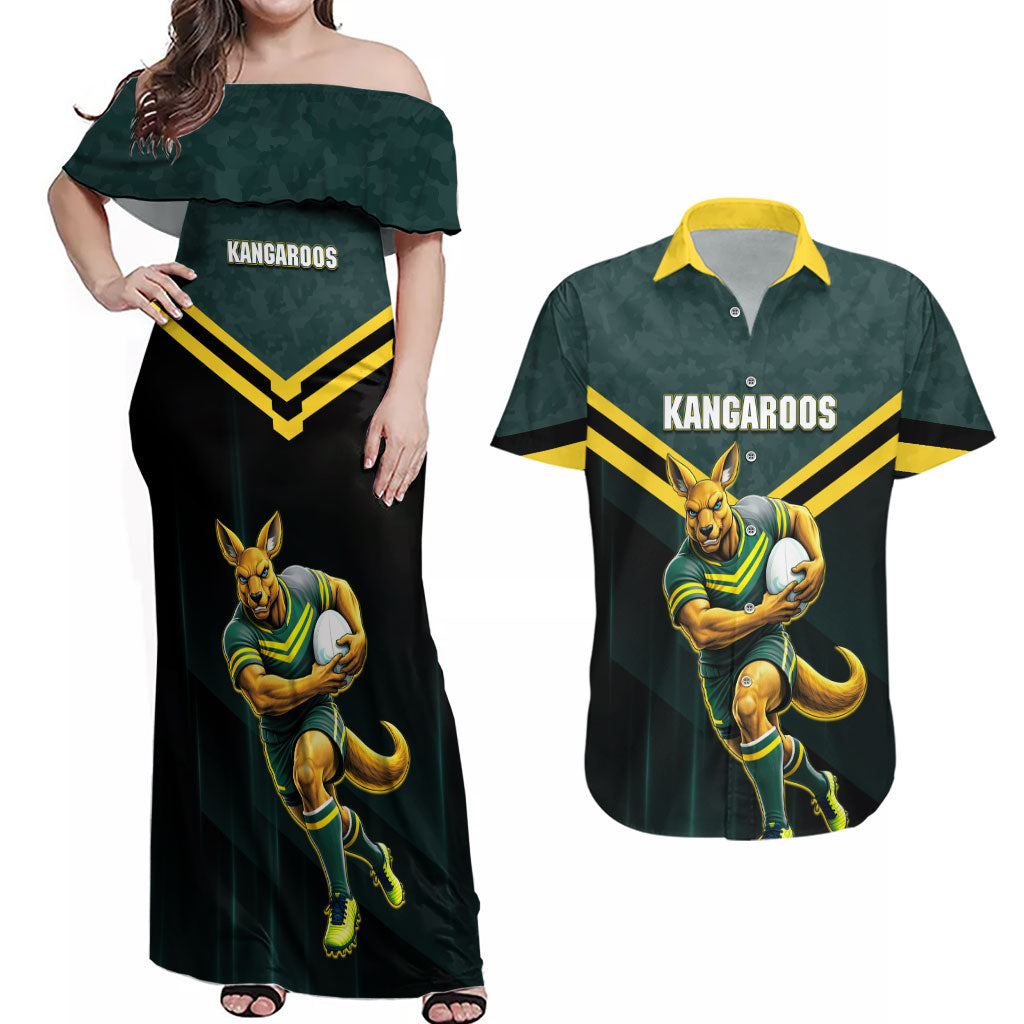 Personalised Kangaroos Rugby Couples Matching Off Shoulder Maxi Dress and Hawaiian Shirt Australia Rugby Mascot Green Gold Sport