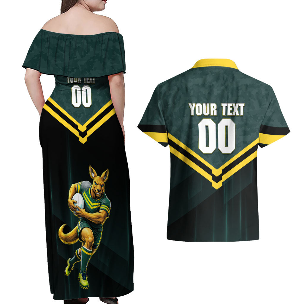 Personalised Kangaroos Rugby Couples Matching Off Shoulder Maxi Dress and Hawaiian Shirt Australia Rugby Mascot Green Gold Sport