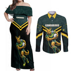 Personalised Kangaroos Rugby Couples Matching Off Shoulder Maxi Dress and Long Sleeve Button Shirt Australia Rugby Mascot Green Gold Sport