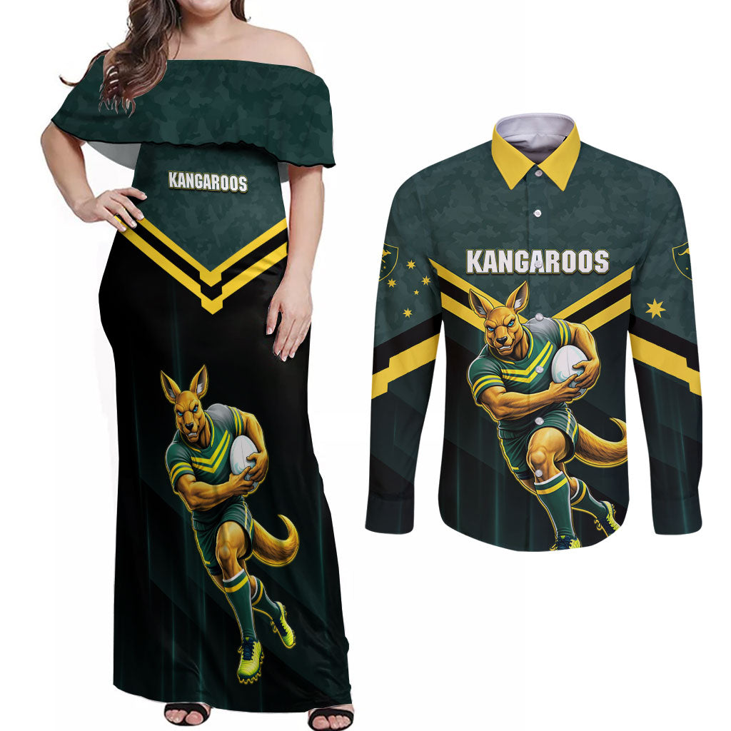 Personalised Kangaroos Rugby Couples Matching Off Shoulder Maxi Dress and Long Sleeve Button Shirt Australia Rugby Mascot Green Gold Sport