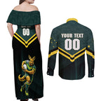 Personalised Kangaroos Rugby Couples Matching Off Shoulder Maxi Dress and Long Sleeve Button Shirt Australia Rugby Mascot Green Gold Sport