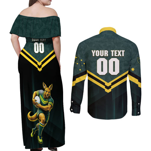 Personalised Kangaroos Rugby Couples Matching Off Shoulder Maxi Dress and Long Sleeve Button Shirt Australia Rugby Mascot Green Gold Sport