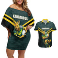 Personalised Kangaroos Rugby Couples Matching Off Shoulder Short Dress and Hawaiian Shirt Australia Rugby Mascot Green Gold Sport