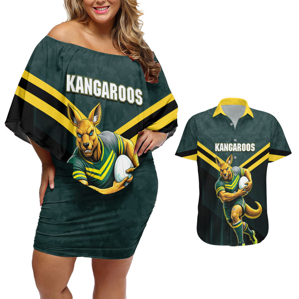 Personalised Kangaroos Rugby Couples Matching Off Shoulder Short Dress and Hawaiian Shirt Australia Rugby Mascot Green Gold Sport