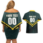 Personalised Kangaroos Rugby Couples Matching Off Shoulder Short Dress and Hawaiian Shirt Australia Rugby Mascot Green Gold Sport