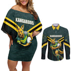 Personalised Kangaroos Rugby Couples Matching Off Shoulder Short Dress and Long Sleeve Button Shirt Australia Rugby Mascot Green Gold Sport