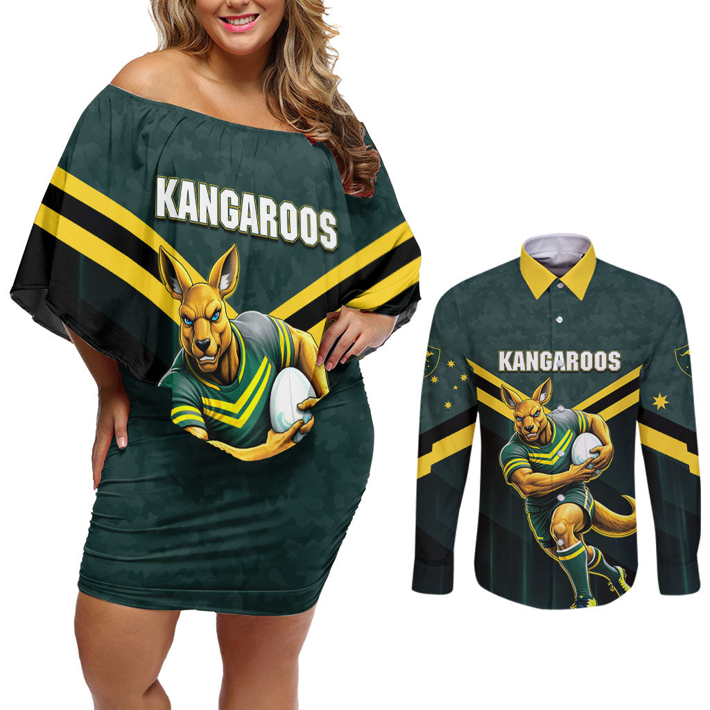 Personalised Kangaroos Rugby Couples Matching Off Shoulder Short Dress and Long Sleeve Button Shirt Australia Rugby Mascot Green Gold Sport