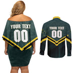 Personalised Kangaroos Rugby Couples Matching Off Shoulder Short Dress and Long Sleeve Button Shirt Australia Rugby Mascot Green Gold Sport