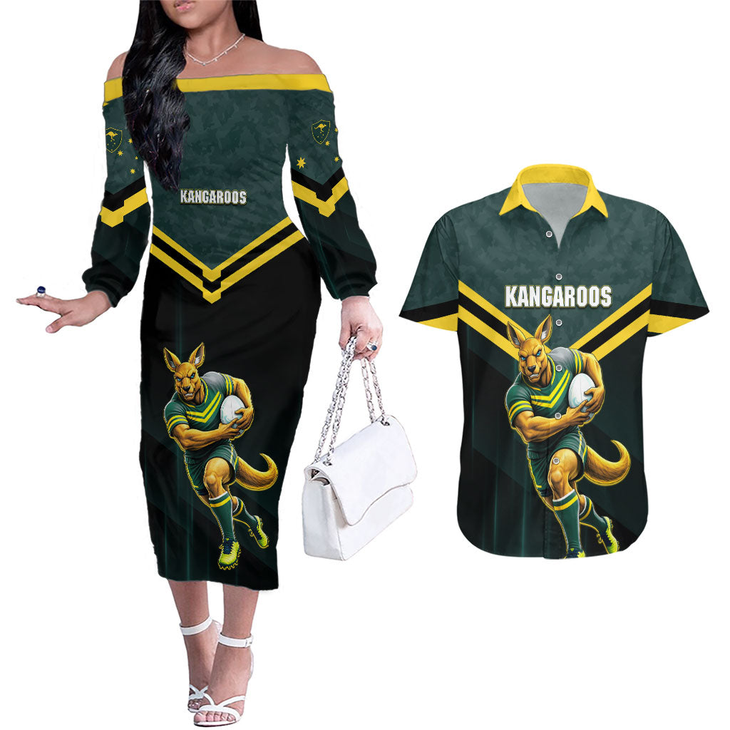 Personalised Kangaroos Rugby Couples Matching Off The Shoulder Long Sleeve Dress and Hawaiian Shirt Australia Rugby Mascot Green Gold Sport