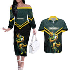 Personalised Kangaroos Rugby Couples Matching Off The Shoulder Long Sleeve Dress and Hawaiian Shirt Australia Rugby Mascot Green Gold Sport