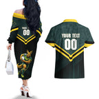 Personalised Kangaroos Rugby Couples Matching Off The Shoulder Long Sleeve Dress and Hawaiian Shirt Australia Rugby Mascot Green Gold Sport