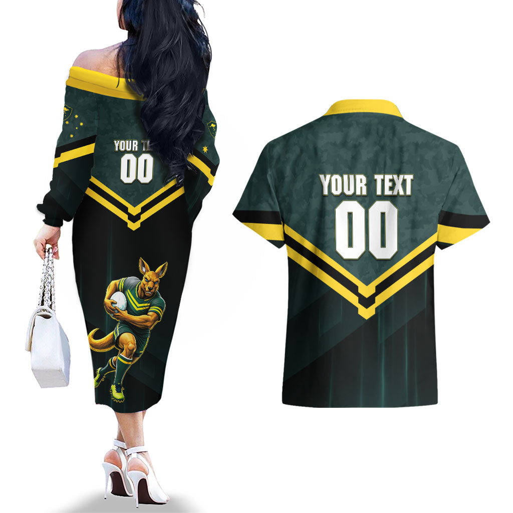 Personalised Kangaroos Rugby Couples Matching Off The Shoulder Long Sleeve Dress and Hawaiian Shirt Australia Rugby Mascot Green Gold Sport