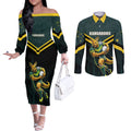 Personalised Kangaroos Rugby Couples Matching Off The Shoulder Long Sleeve Dress and Long Sleeve Button Shirt Australia Rugby Mascot Green Gold Sport