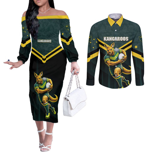 Personalised Kangaroos Rugby Couples Matching Off The Shoulder Long Sleeve Dress and Long Sleeve Button Shirt Australia Rugby Mascot Green Gold Sport