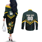 Personalised Kangaroos Rugby Couples Matching Off The Shoulder Long Sleeve Dress and Long Sleeve Button Shirt Australia Rugby Mascot Green Gold Sport