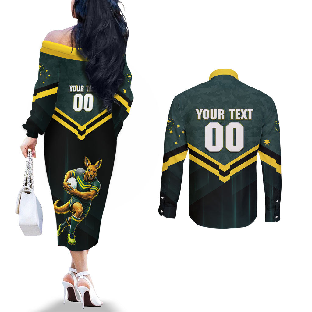 Personalised Kangaroos Rugby Couples Matching Off The Shoulder Long Sleeve Dress and Long Sleeve Button Shirt Australia Rugby Mascot Green Gold Sport