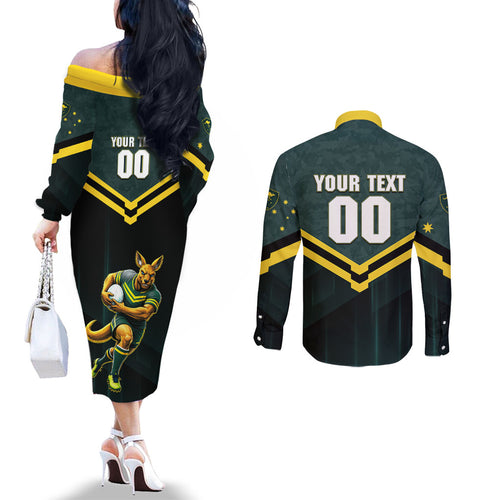 Personalised Kangaroos Rugby Couples Matching Off The Shoulder Long Sleeve Dress and Long Sleeve Button Shirt Australia Rugby Mascot Green Gold Sport