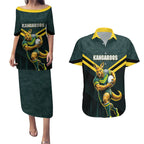 Personalised Kangaroos Rugby Couples Matching Puletasi and Hawaiian Shirt Australia Rugby Mascot Green Gold Sport