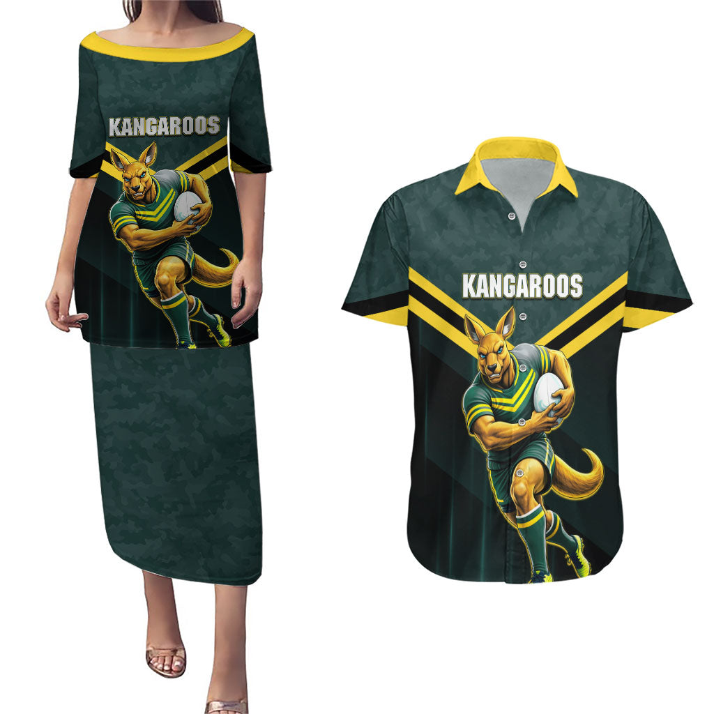 Personalised Kangaroos Rugby Couples Matching Puletasi and Hawaiian Shirt Australia Rugby Mascot Green Gold Sport