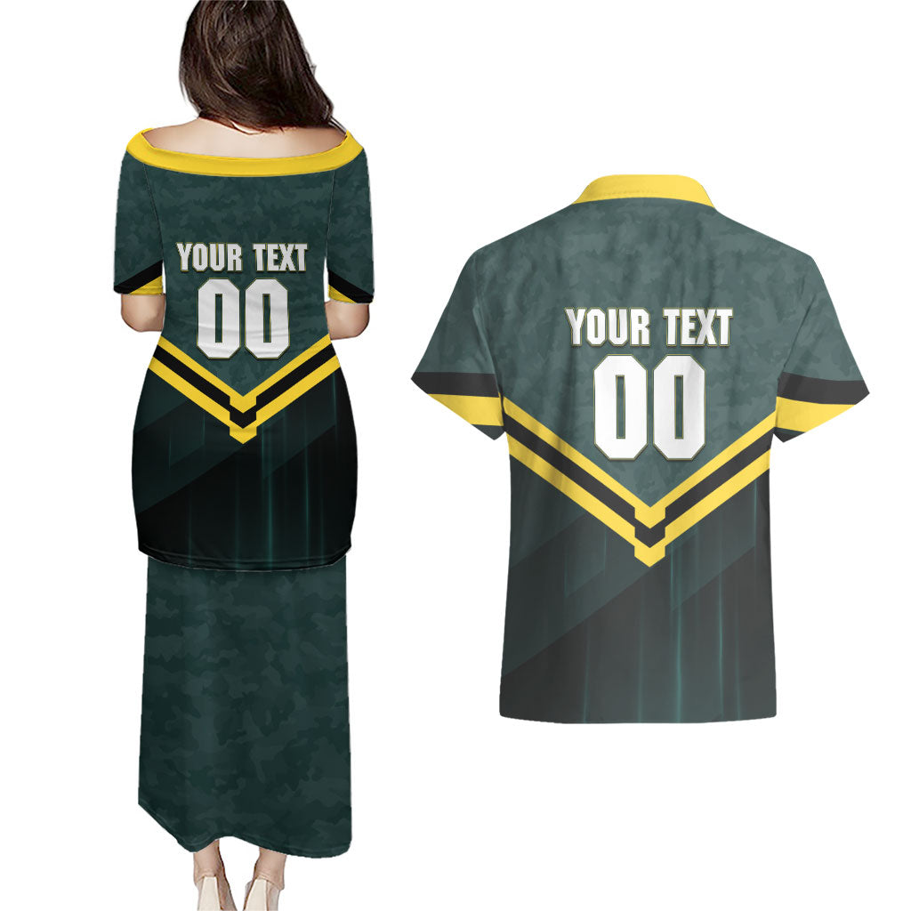 Personalised Kangaroos Rugby Couples Matching Puletasi and Hawaiian Shirt Australia Rugby Mascot Green Gold Sport