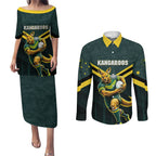 Personalised Kangaroos Rugby Couples Matching Puletasi and Long Sleeve Button Shirt Australia Rugby Mascot Green Gold Sport
