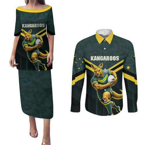 Personalised Kangaroos Rugby Couples Matching Puletasi and Long Sleeve Button Shirt Australia Rugby Mascot Green Gold Sport
