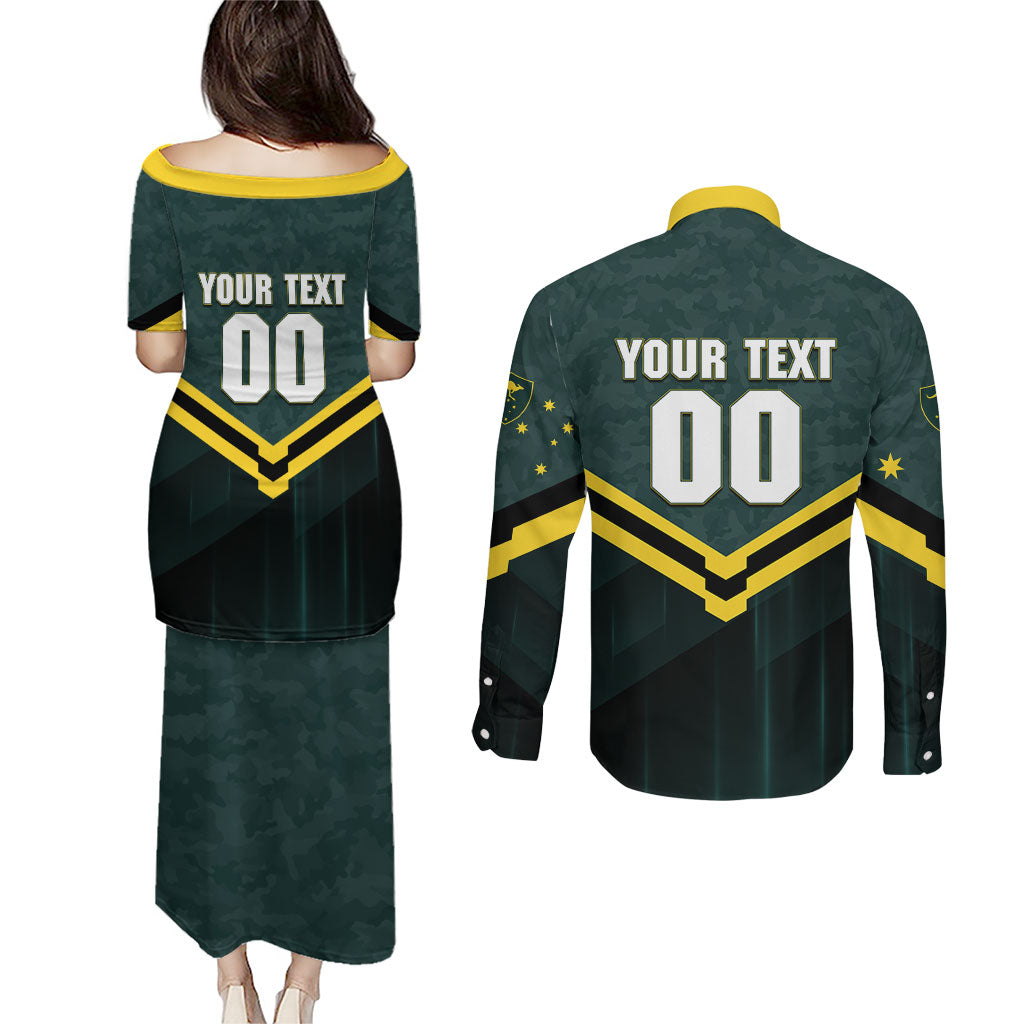 Personalised Kangaroos Rugby Couples Matching Puletasi and Long Sleeve Button Shirt Australia Rugby Mascot Green Gold Sport