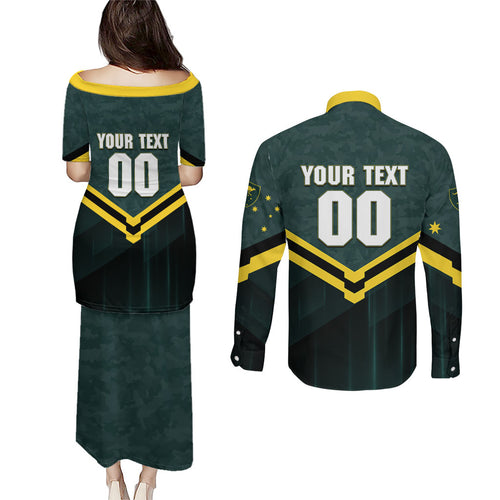 Personalised Kangaroos Rugby Couples Matching Puletasi and Long Sleeve Button Shirt Australia Rugby Mascot Green Gold Sport