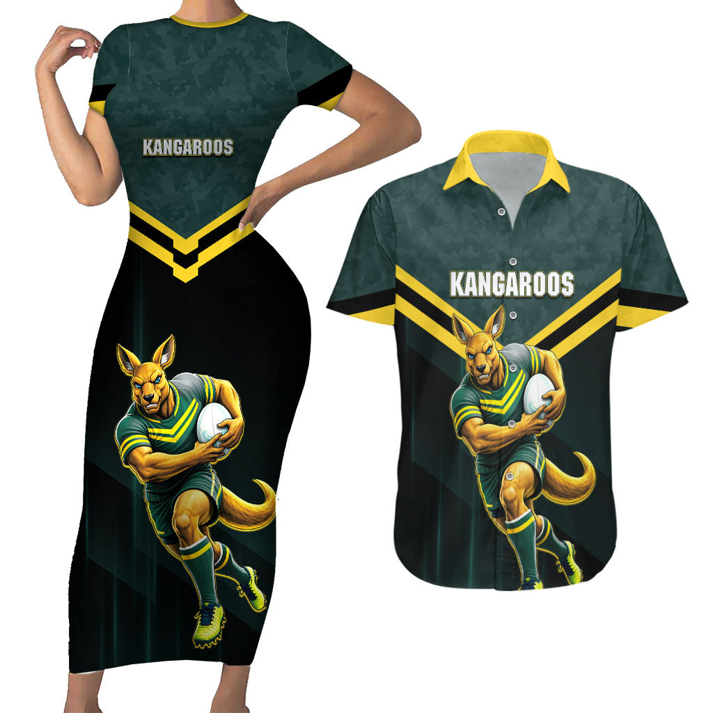 Personalised Kangaroos Rugby Couples Matching Short Sleeve Bodycon Dress and Hawaiian Shirt Australia Rugby Mascot Green Gold Sport